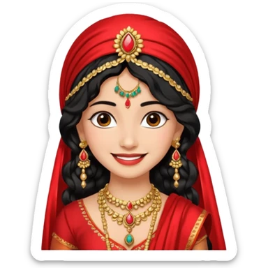 a pretty bratz fair indian girl wearing a red indian wedding outfit with dupatta on head,  golden jewellery, black wavy hair sticker