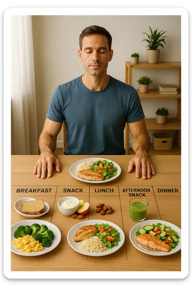 Uomo sereno con fisico sano e asciutto seduto davanti a un grande tavolo diviso in 5 sezioni, ognuna con un pasto bilanciato: colazione, spuntino, pranzo, merenda, cena. Ogni piatto ha porzioni equilibrate di proteine, carboidrati e grassi salutari. Ambiente ordinato, stile di vita sano, luce naturale, atmosfera di consapevolezza nutrizionale. sticker