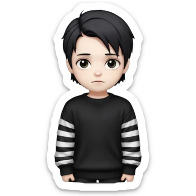 Goth boy, chibi style, oversized sweater, striped sleeves, cute sticker