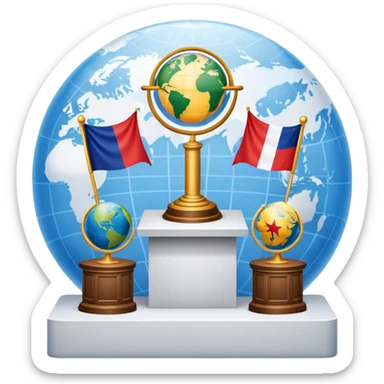 An icon featuring a podium with a speaker, national flags, and voting ballots, symbolizing political science. The design includes a globe and scales of justice in the background, representing governance, global affairs, and political theory. Transparent background emphasizes civic engagement sticker