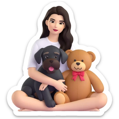 Kendall Jenner with long dark hair, holds a brown teddy bear and a black schnauzer sticker