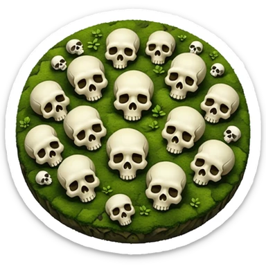 A creepy moss covered ground with skulls from a top down perspective. In the style of your bleeding skull art. In a realistic style covering the whole screen with little tint skulls sticker