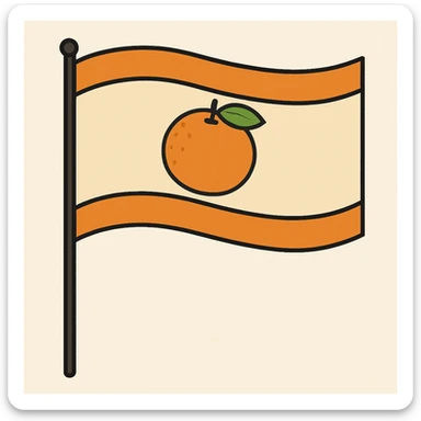 Reduce the size of the mandarin, remove any human elements, make the background white, and keep the flag style with orange stripes at the top and bottom. Maintain the overall composition and style as in the original image. sticker
