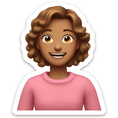 girl with brown hair and in a pink sweater laughs sticker