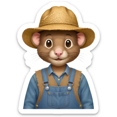 farmer rat in denim overalls with a straw hat sticker