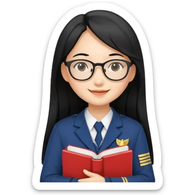 A student, asian girl, long black hair, wearing glasses, uniform, hold book in front of their chest sticker