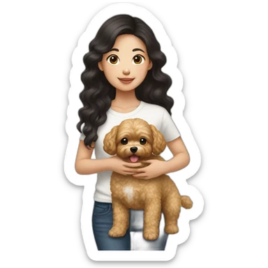 girl asian dark hair holding golden maltipoo sticker