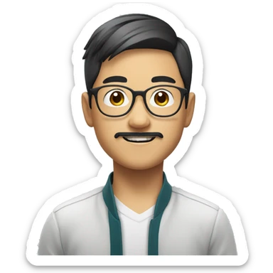 Asian boy smiling with food. Glasses and a mustache and goatee  sticker