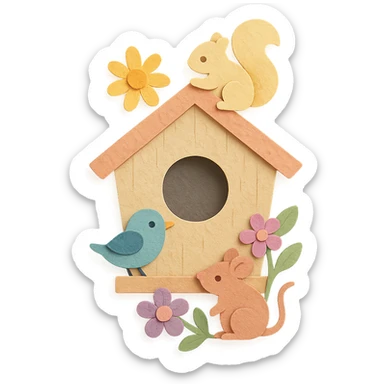 a cozy birdhouse with flowers and forest creatures, soft pastel colors, paper craft style sticker