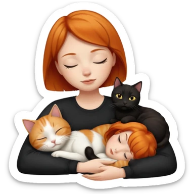 Ginger Girl short hair sleeping with two cats a black and a white bigger cat  sticker
