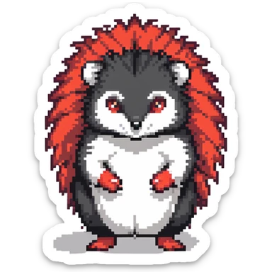 black hedgehog with red accents and white chest fur, defensive stance in a neon-lit industrial environment, metallic surfaces, intense expression sticker