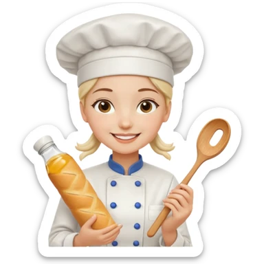 Young female baker - white chef hat, holding cream piping bag to milk oil on bread sticker