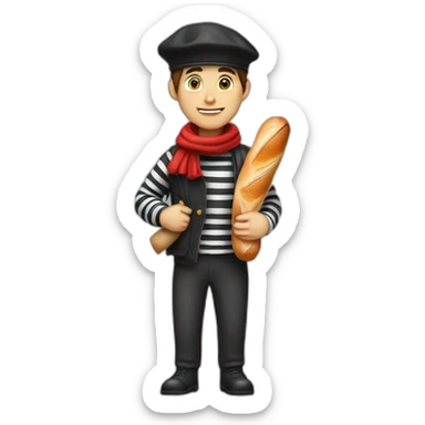 a french guy with a beret, black and white striped clothes, a red scarf and a baguette on his back. sticker