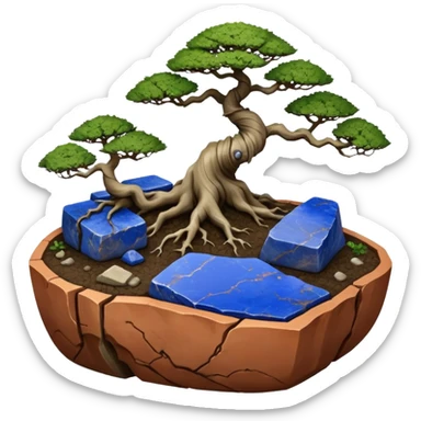 Aged bonsai two toned lapis blue terracotta Roots Stoneware akadama moss on soil irregular angular Stone Age rocks cracked crags and broken rough edges forming a very short shallow flat Yixing forest pot sticker