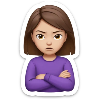 Angry Pouty girl with small squinted eyes folding arms in a purple longsleeve shirt she has fair skin and brown hair sticker