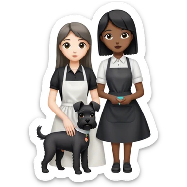 pale girl with long back hair wearing black long shirt wearing apron holding black girl schnauzer sticker