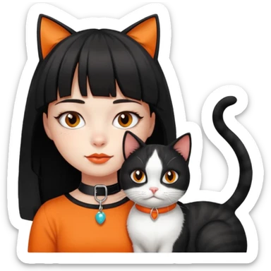 a girl with a short black curtain bangs hair and with her 2 cat color white black cat and orange white cat laying on her neck sticker