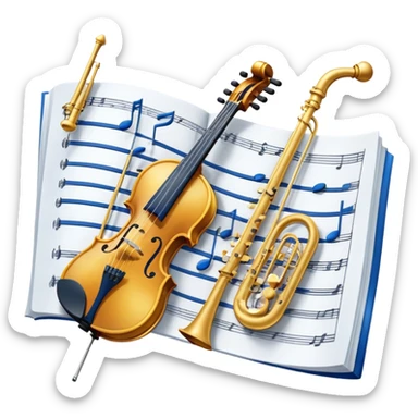 Create an artistic emoji that represents music arrangement and orchestration. The design should feature various orchestral instruments (drums, violin, electric guitar, synthesizer) and conductor's baton, musical scores. Incorporate flowing lines to represent harmony and orchestral balance, along with a subtle representation of sheet music. Use rich, classical colors like gold, silver, or deep blue, and create an atmosphere of sophistication and precision. The background should be transparent. sticker