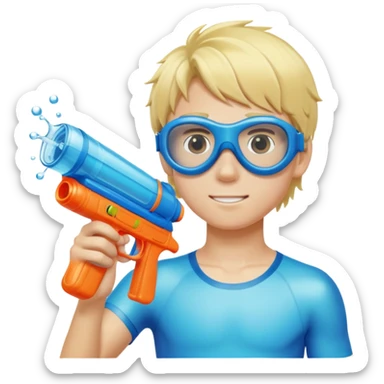 Blond 18 year old boy, wearing swim goggles and holding a water gun sticker