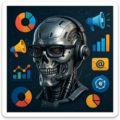 A metallic Terminator head with glasses and a headset, surrounded by marketing icons like graphs and megaphones, representing a marketing manager sticker