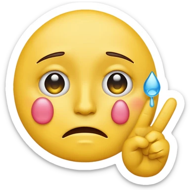 Yellow face emoji with pout with tears in eyes and holding up a peace sign sticker