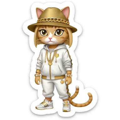 female cat wearing Run DMC hip-hop outfit with tracksuit, fedora, Adidas sneakers, many gold chains, rings, bracelets, flashy earrings, eyes averted, talking to a friend, no sunglasses sticker