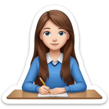 high school class room with a pretty female high school student with long brown hair, blue eyes sitting in front of the blackboard sticker