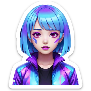 Cyberpunk Japanese girl with neon blue wig, holographic jacket, digital glitches effect, dark background with purple glow, iOS app icon style sticker