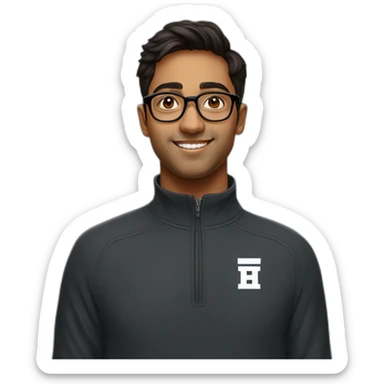 25 year old indian silicon valley creator economy startup founder wearing glasses in a black quarter zip with a harvard logo sticker