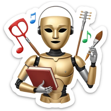A metallic humanoid figure whose torso is a circle divided into 4 clear segments, each segment containing a distinct icon: paintbrush (visual arts), music note (musical arts), theater masks (theatrical arts), and an open book (literary arts) sticker