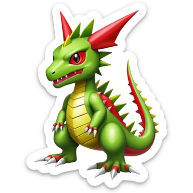 Cool edgy cute shiny futuristic Guilmon-Flygon-Tyranitar-Digimon-hybrid-fusion, yellow belly, full body sticker