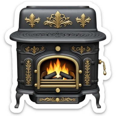 An antique cast iron coal stove from the 1900s with ornate details, small fire visible inside, black metal with brass accents sticker