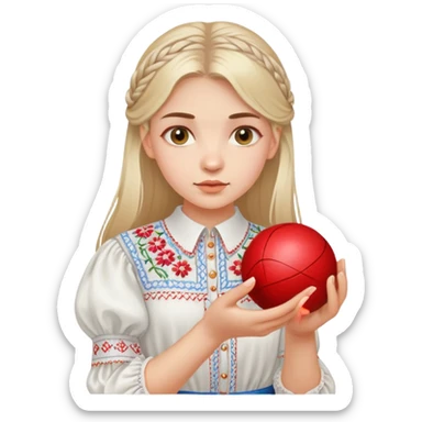 A young Ukrainian girl in a white embroidered shirt holds a ball of thread in her hand sticker