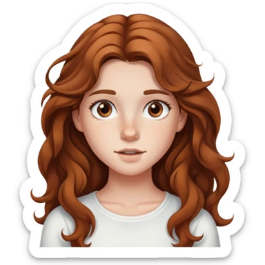 teenage girl with long wavy brown hair, freckles, white top sticker