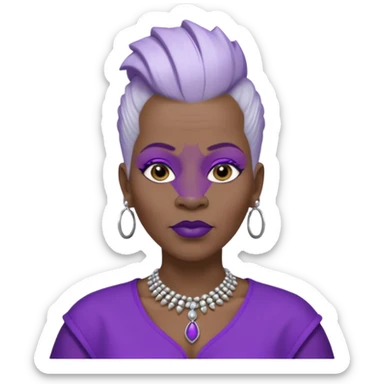 57yr old Qeen black woman with long oval shaped face with a white colored  natural hair mohawk style haircut adorning purple royalty clothing and purle lipstick, with 2 nose studs on each nostril  sticker