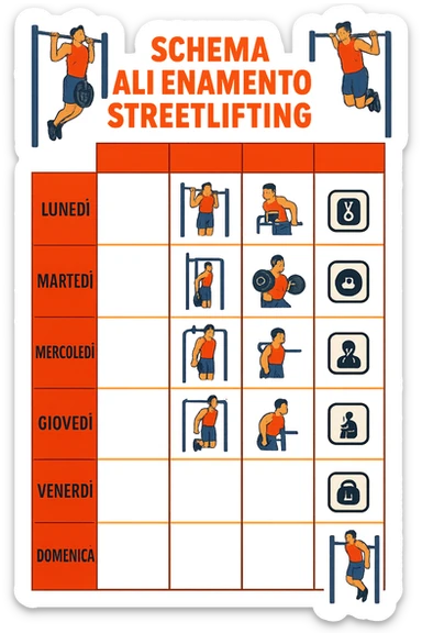 a streetlifting training sheet with icons for each exercise—weighted pull-ups, weighted dips, squats, muscle-ups—organized in a weekly schedule. Around the sheet, small illustrations show athletes performing each movement with proper form. The color palette is bold and energetic, and the background is clean and minimal. in italiano sticker