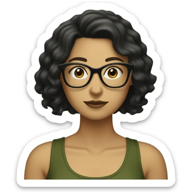 white skined woman with wavy black hair with a olive green tank top with glasses tortoise  sticker