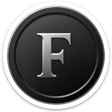 Emoji icon of a black coin with engraved letter F, minimalist style, isolated, only black color sticker
