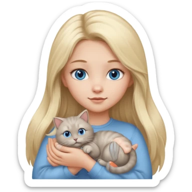 blonde girl with long blonde hair and blue eyes with chubby gray cat sticker