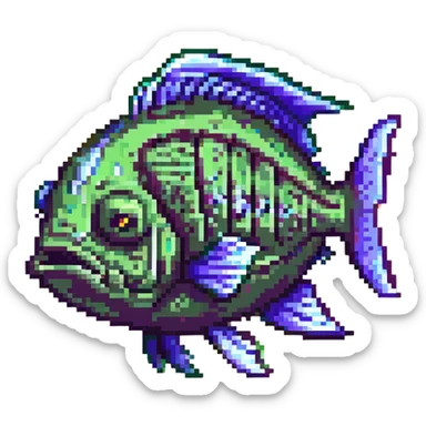 zombie fish, decayed fins, green and purple hues, cartoonish sticker
