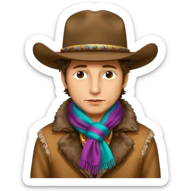 realistic cinematic Bob Dylan profile portrait with dirty cowboy hat on head and colorful silk scarf around neck, fur coat - Desire album cover sticker