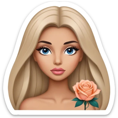 Glamours, tanned, very beautiful girl, with big pump peach-beige-rose lips, long long lashes, black straight smooth silky long hair, straight parting hair, blue-grey eyes sticker
