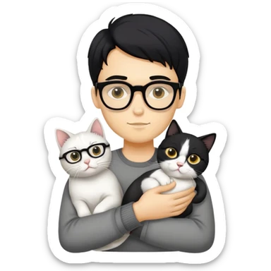 A young man with a long face and warm yellow-toned skin, black hair, wearing a pair of black glasses, cradling a grayish-white cat sticker