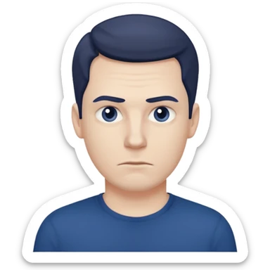 a white man in a dark blue t-shirt with a suspicious look sticker