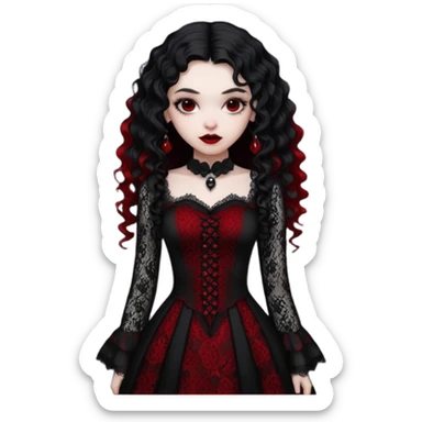 A girl with a red goth vampire look in a black and red goth lace dress with long sleeves and long black curly hair  sticker