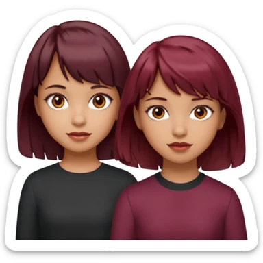 2 girls both tan skin. One with short length wavy burgundy hair, bangs and brown eyes, the other with medium length black hair with brown eyes  sticker