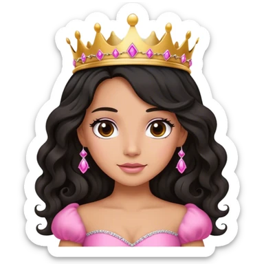 Very tanned princess, with long black wavy hair and a crown, a pink princess Outfit. In love sticker