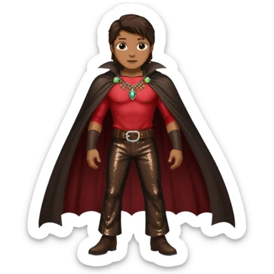 Vampire Hunter with long dark brown hair, dark brown sequin baggy pants, shirtless with necklace, dark brown sequin cape sticker