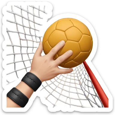 A close-up of a hand gripping a handball, with the handball gates visible in the background. The focus is on the texture of the ball and the strength of the grip, with the goal net slightly blurred to emphasize the anticipation of the throw. sticker