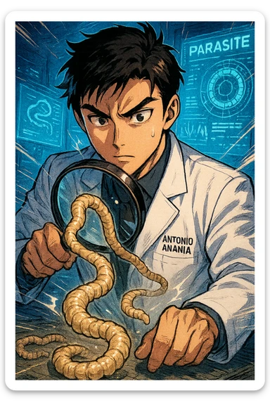 A dynamic manga/webtoon-style illustration of a young male kinesiologist wearing a clean white lab coat, analyzing light beige worms like a tapeworm under a magnifying glass. His expression is focused and slightly intrigued, with sharp, detailed eyes. The art style is vibrant, with bold linework, rich colors, and dramatic lighting. The background is a futuristic laboratory with glowing holographic screens displaying parasite data. The tapeworm is intricately drawn, slimy and segmented, with a slightly exaggerated yet realistic texture. The composition is dynamic, with motion lines or energy effects to emphasize his scientific investigation. The atmosphere is intense but not dark, keeping a balance between scientific seriousness and stylish manga aesthetics, he has "ANTONIO ANANIA" WRITTEN ON WHITE LAB COAT sticker